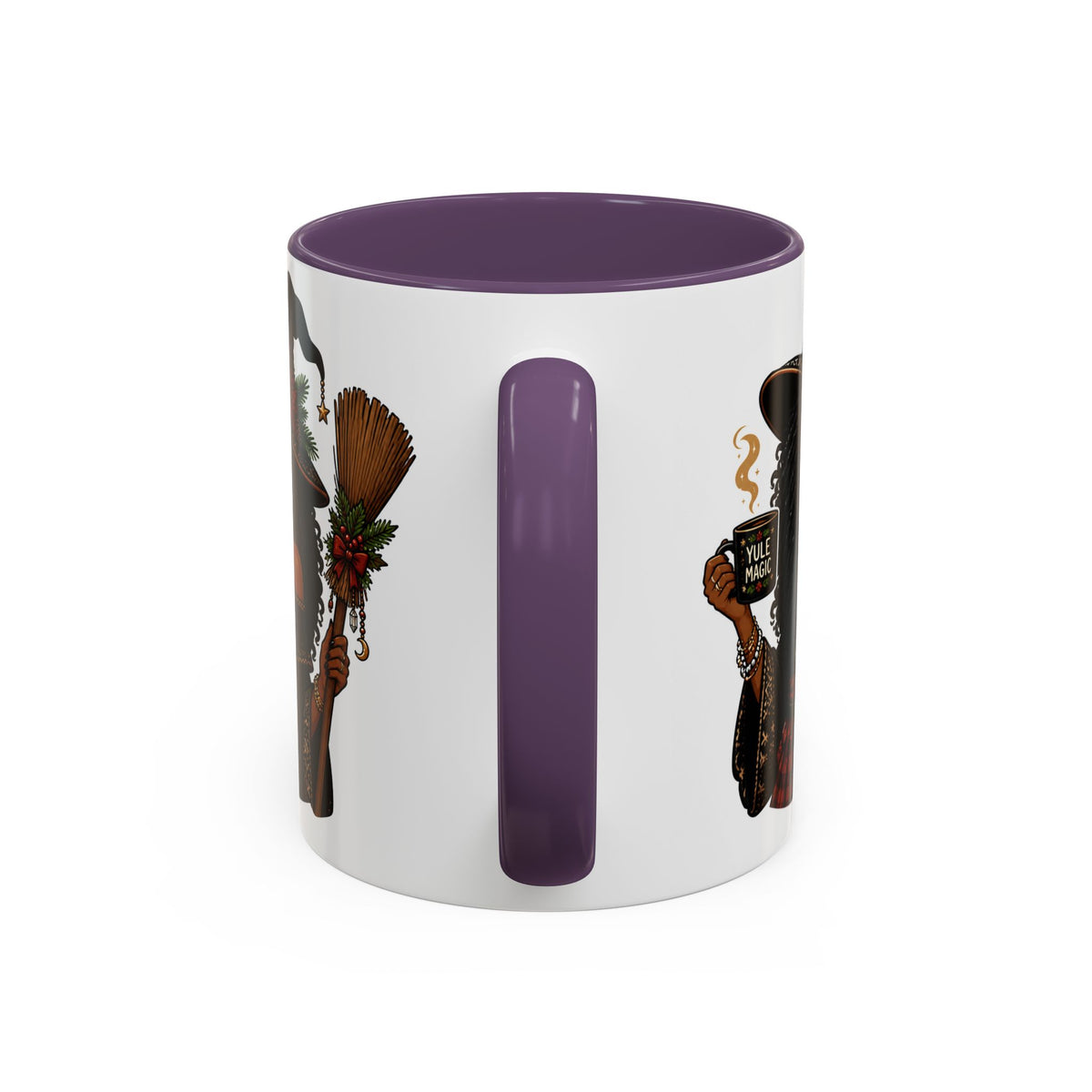 Witchy Christmas Coffee Mug with Black Witch and Broom Design