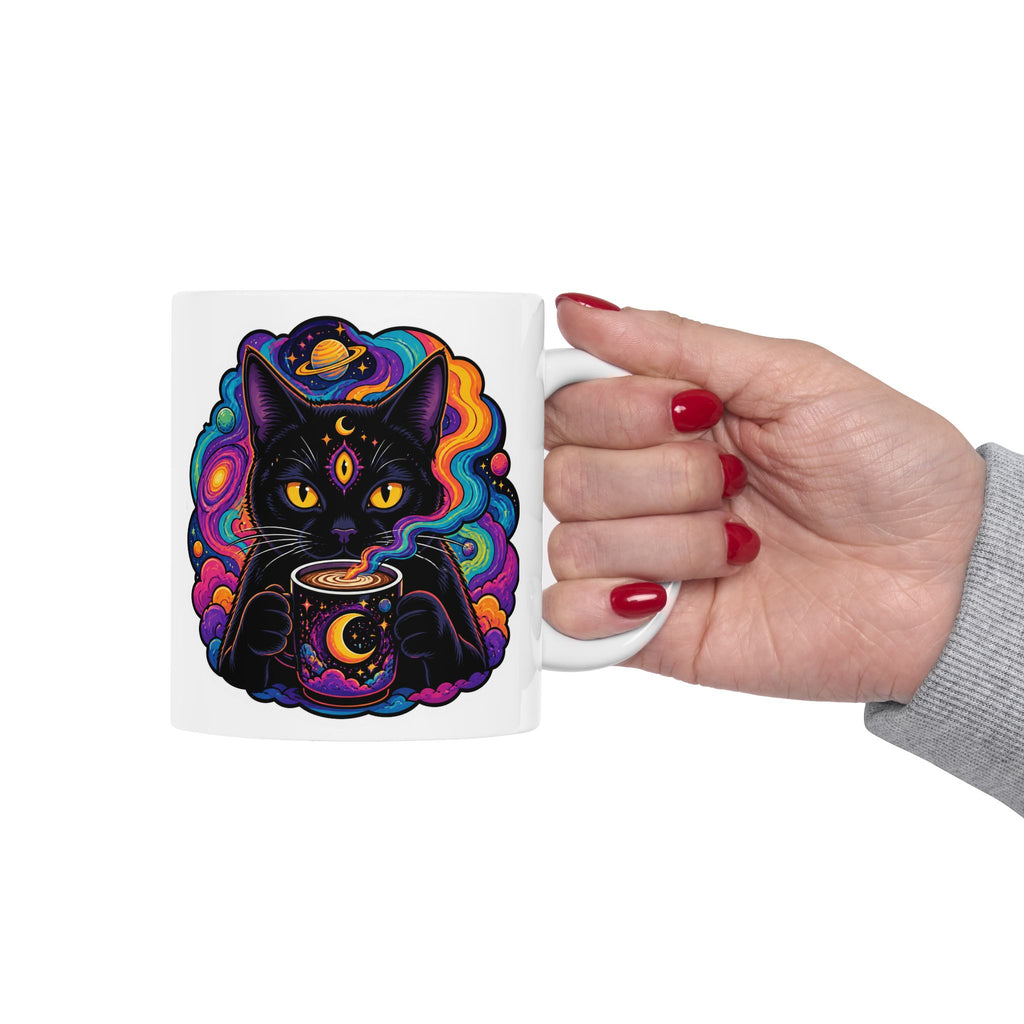 Psychedelic Cat Ceramic Mug – Colorful Cosmic Cat Coffee Cup (11oz, 15oz)