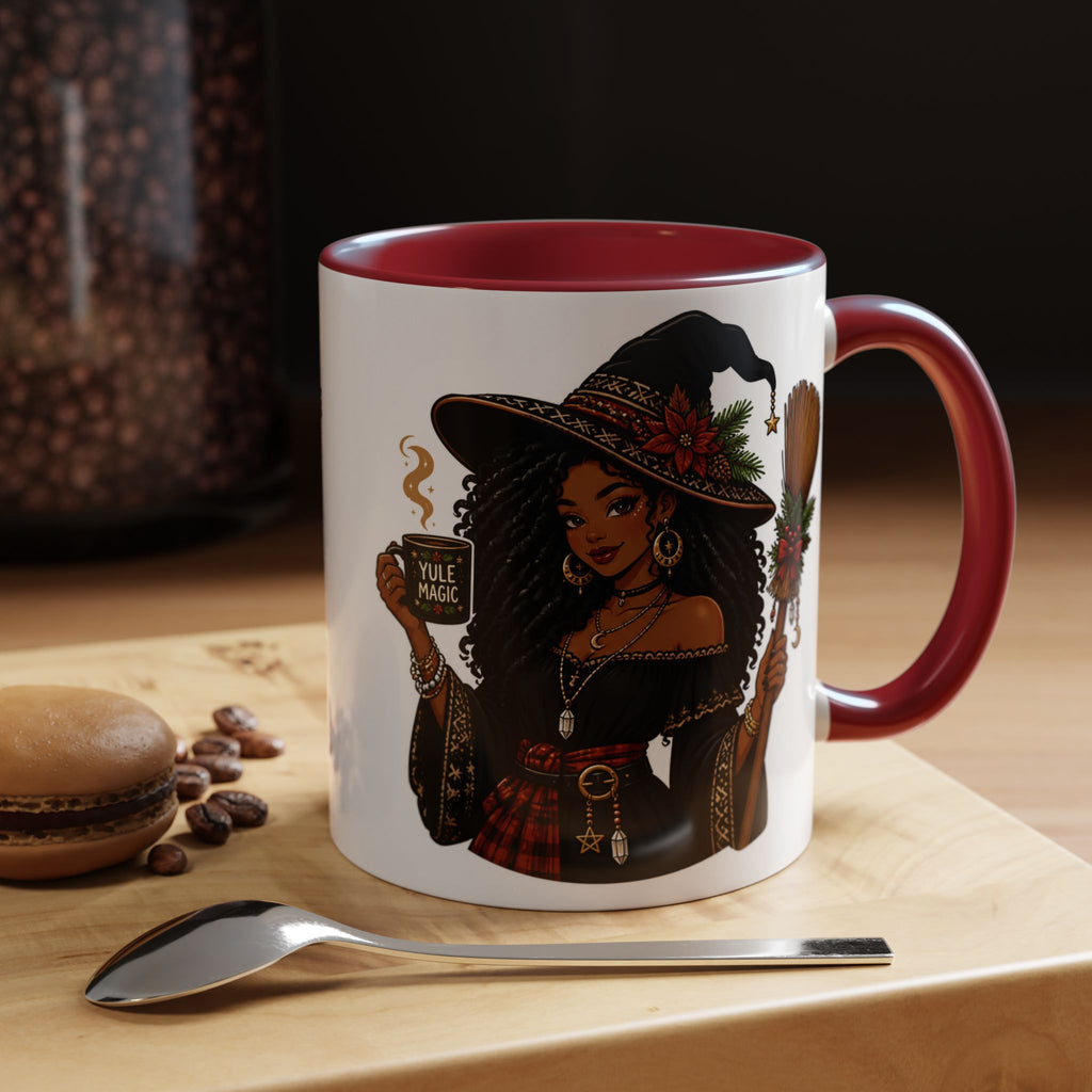 Witchy Christmas Coffee Mug with Black Witch and Broom Design