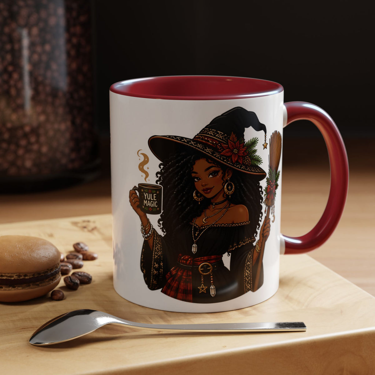 Witchy Christmas Coffee Mug with Black Witch and Broom Design