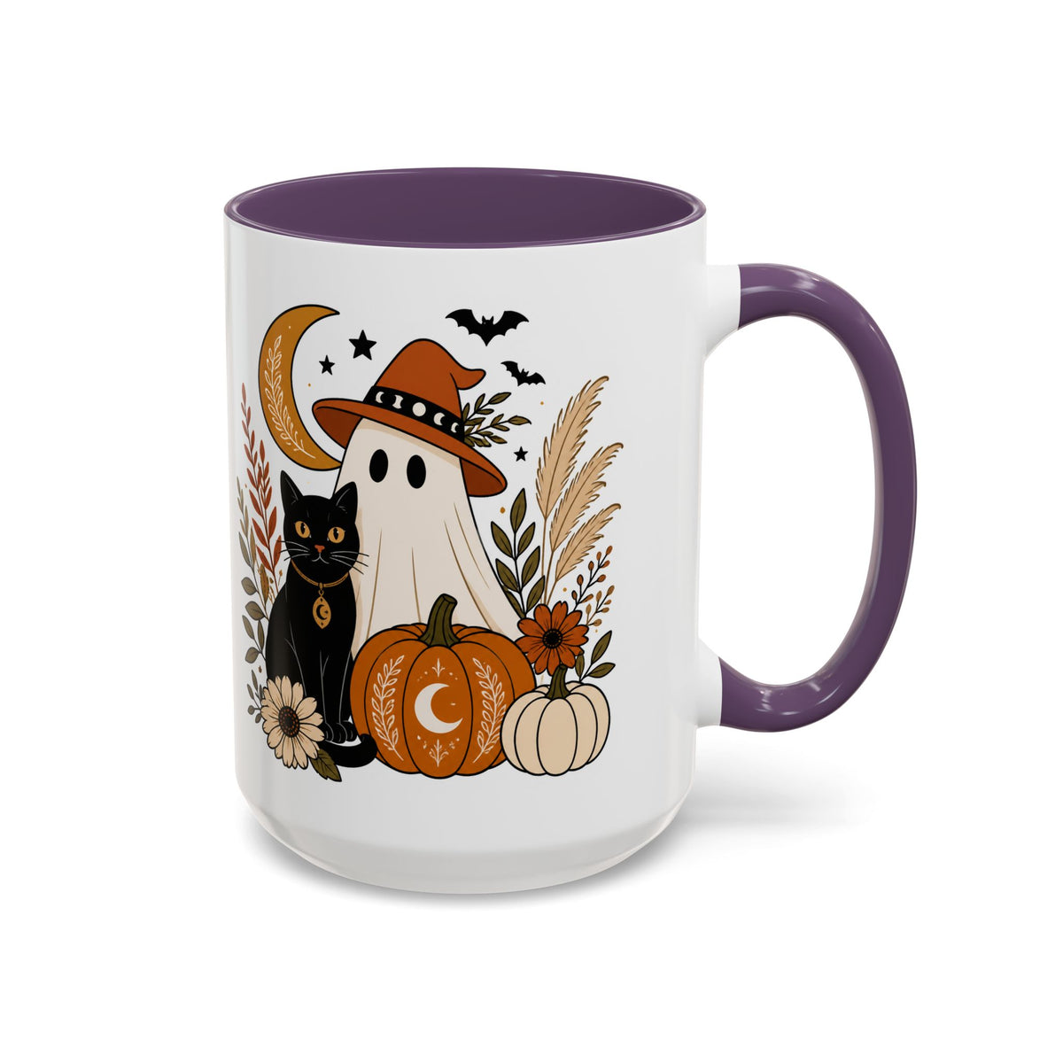 Halloween Ghost & Black Cat Accent Coffee Mug — Spooky Pumpkin Fall Coffee Cup (11/15oz)