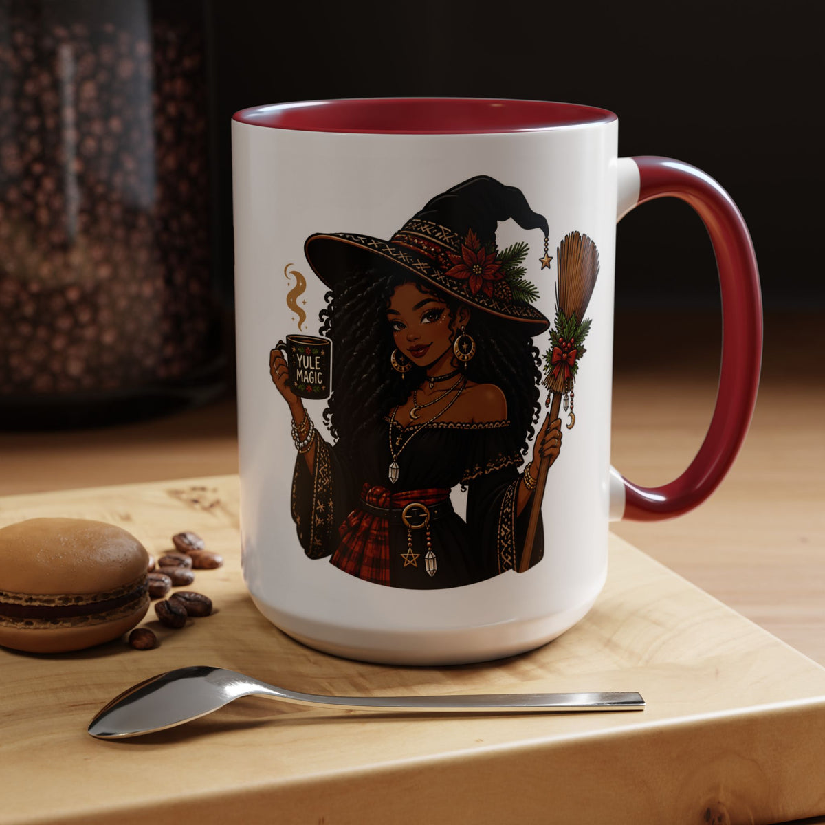 Witchy Christmas Coffee Mug with Black Witch and Broom Design