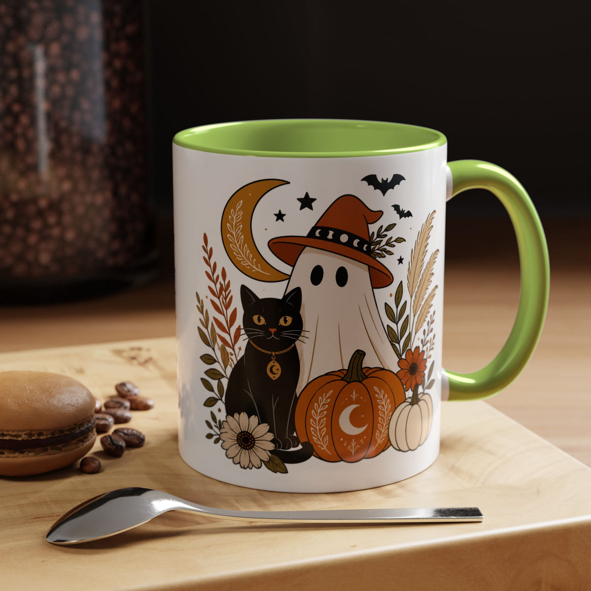 Halloween Ghost & Black Cat Accent Coffee Mug — Spooky Pumpkin Fall Coffee Cup (11/15oz)