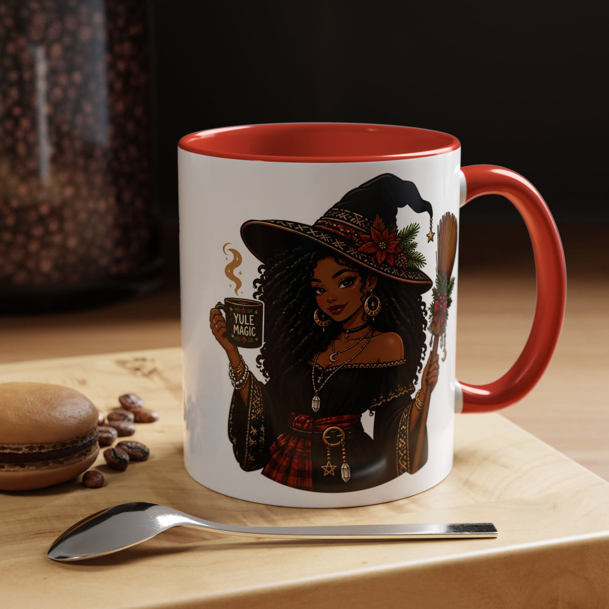 Witchy Christmas Coffee Mug with Black Witch and Broom Design