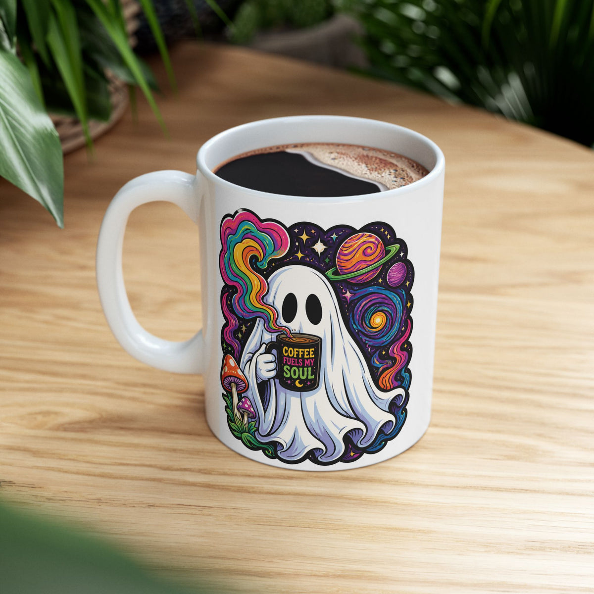 Psychedelic Skull & Mushroom Ceramic Mug (11oz, 15oz) — Colorful Trippy Coffee Cup
