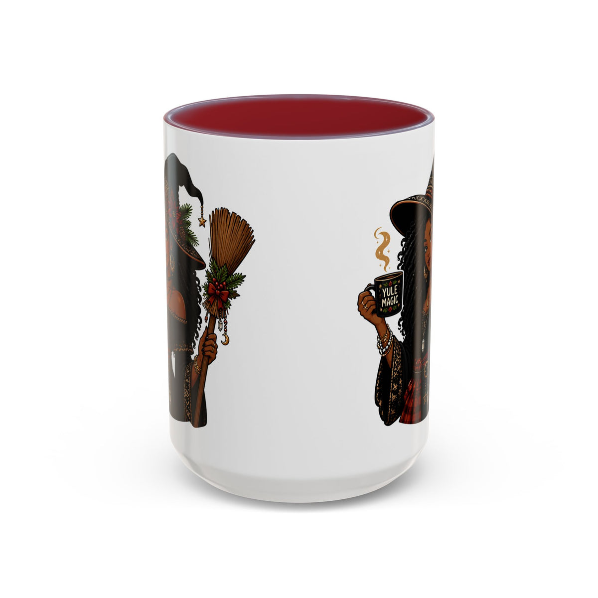 Witchy Christmas Coffee Mug with Black Witch and Broom Design