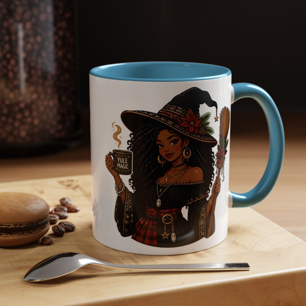 Witchy Christmas Coffee Mug with Black Witch and Broom Design