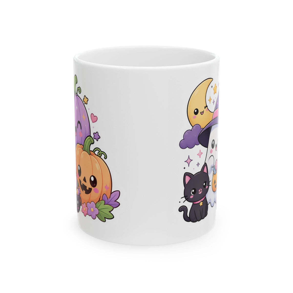Cute Halloween Mug – Kawaii Pumpkins, Black Cat & Ghosts Ceramic Coffee Cup (11oz/15oz)