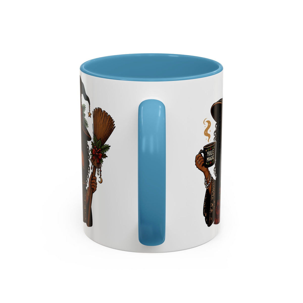 Witchy Christmas Coffee Mug with Black Witch and Broom Design