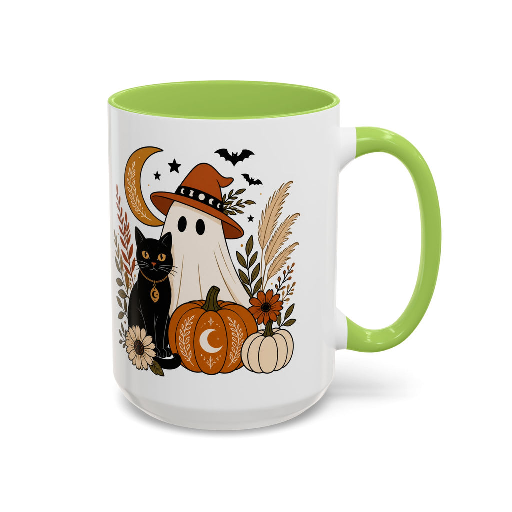 Halloween Ghost & Black Cat Accent Coffee Mug — Spooky Pumpkin Fall Coffee Cup (11/15oz)