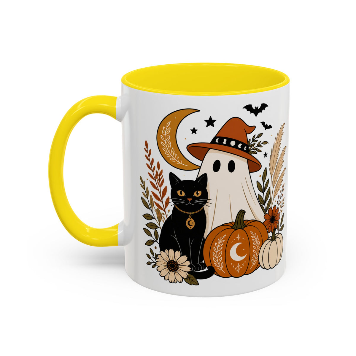 Halloween Ghost & Black Cat Accent Coffee Mug — Spooky Pumpkin Fall Coffee Cup (11/15oz)