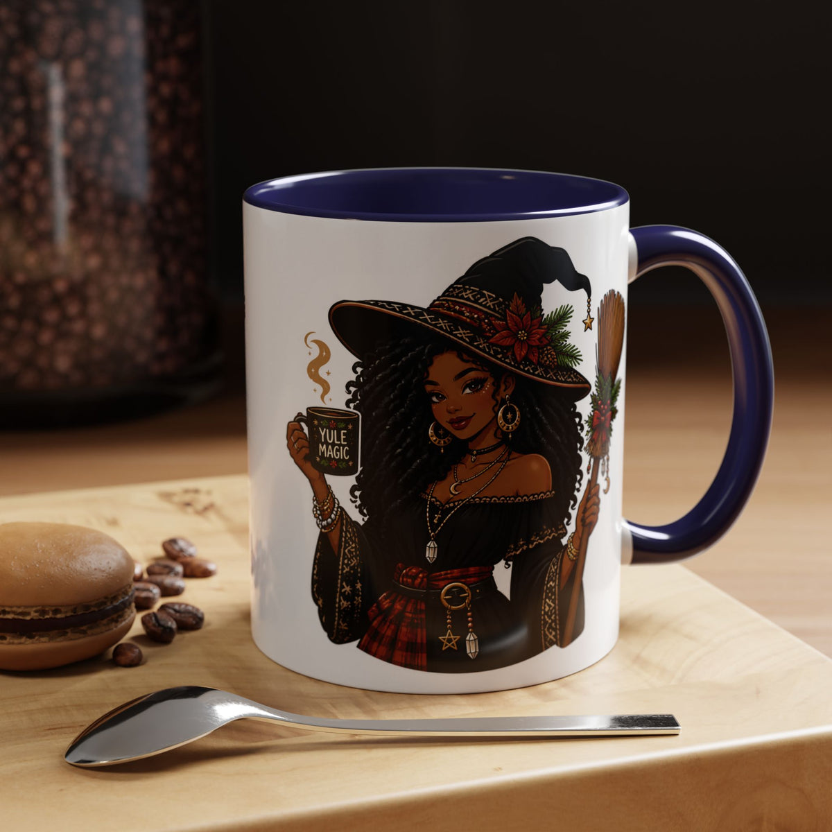 Witchy Christmas Coffee Mug with Black Witch and Broom Design