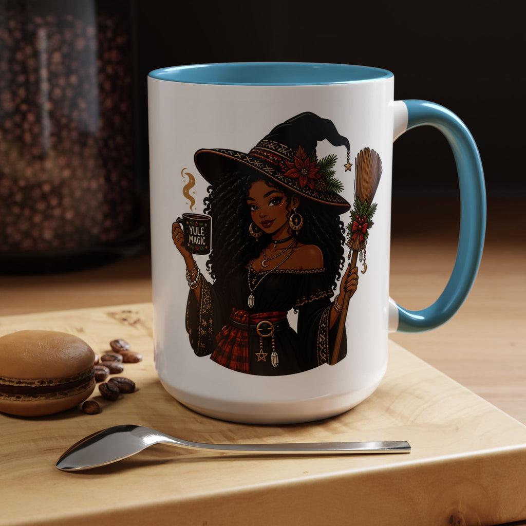 Witchy Christmas Coffee Mug with Black Witch and Broom Design