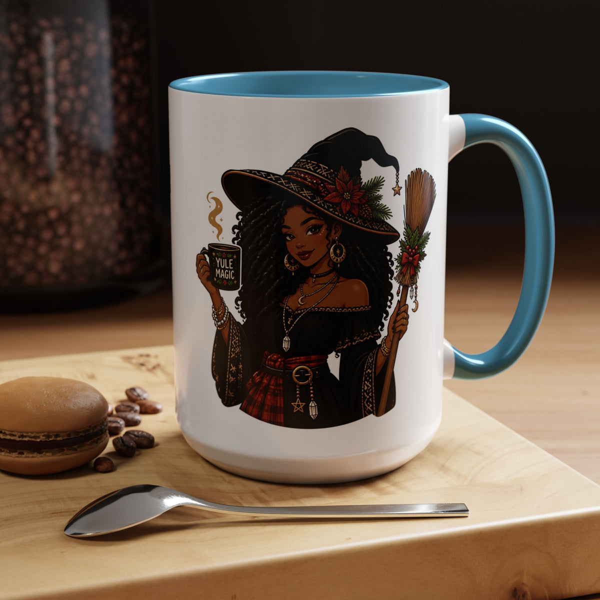 Witchy Christmas Coffee Mug with Black Witch and Broom Design