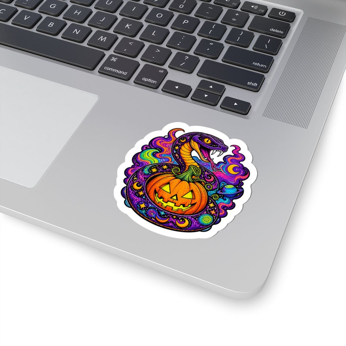 Halloween Pumpkin Snake Sticker — Psychedelic Jack-O’-Lantern Kiss-Cut Decal