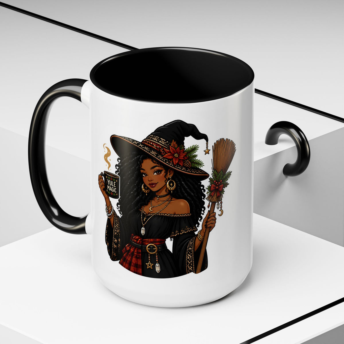 Witchy Christmas Coffee Mug with Black Witch and Broom Design