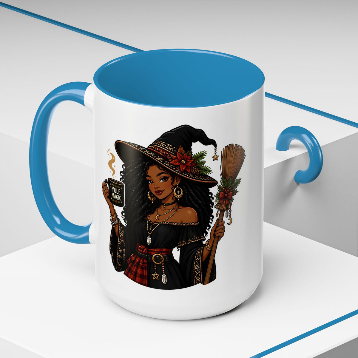 Witchy Christmas Coffee Mug with Black Witch and Broom Design