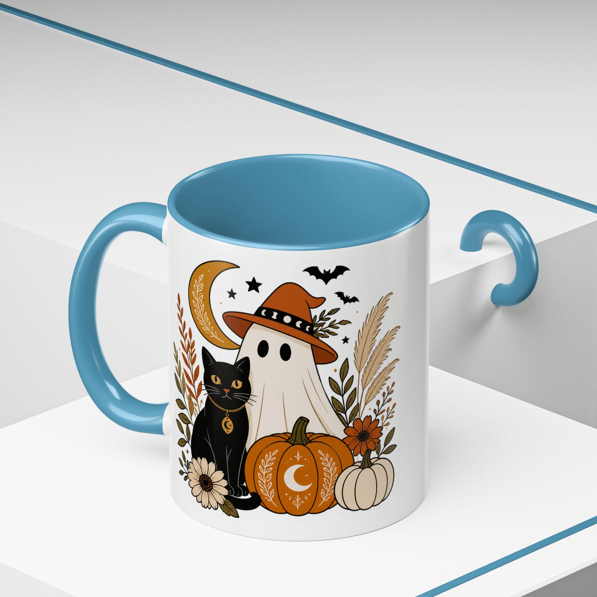 Halloween Ghost & Black Cat Accent Coffee Mug — Spooky Pumpkin Fall Coffee Cup (11/15oz)