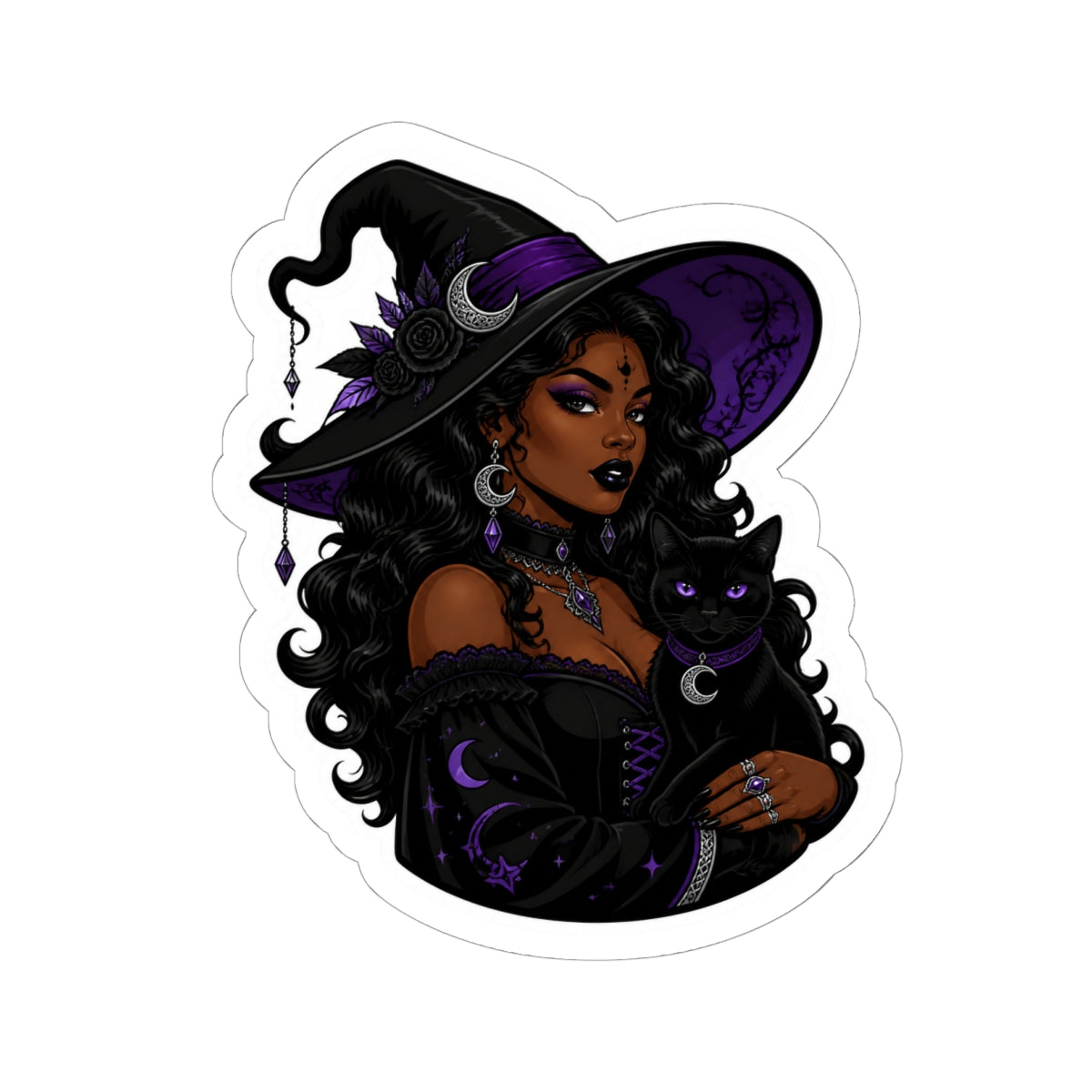 Gothic Witch with Black Cat Kiss-Cut Sticker