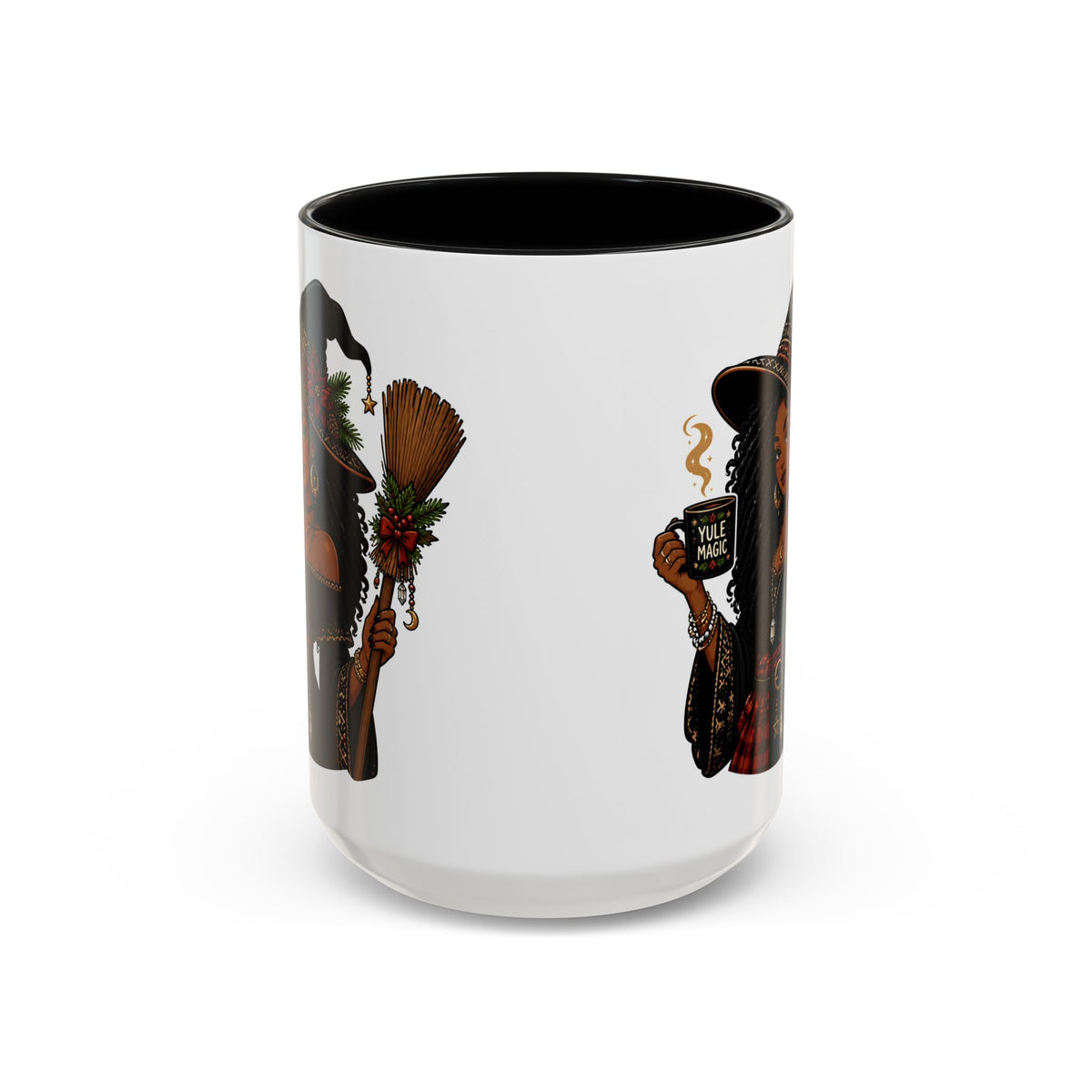 Witchy Christmas Coffee Mug with Black Witch and Broom Design