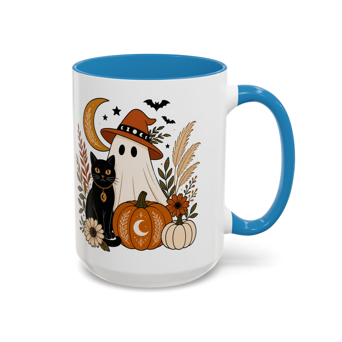 Halloween Ghost & Black Cat Accent Coffee Mug — Spooky Pumpkin Fall Coffee Cup (11/15oz)