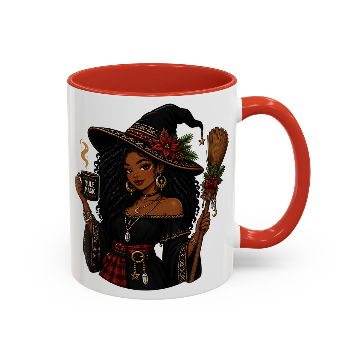 Witchy Christmas Coffee Mug with Black Witch and Broom Design