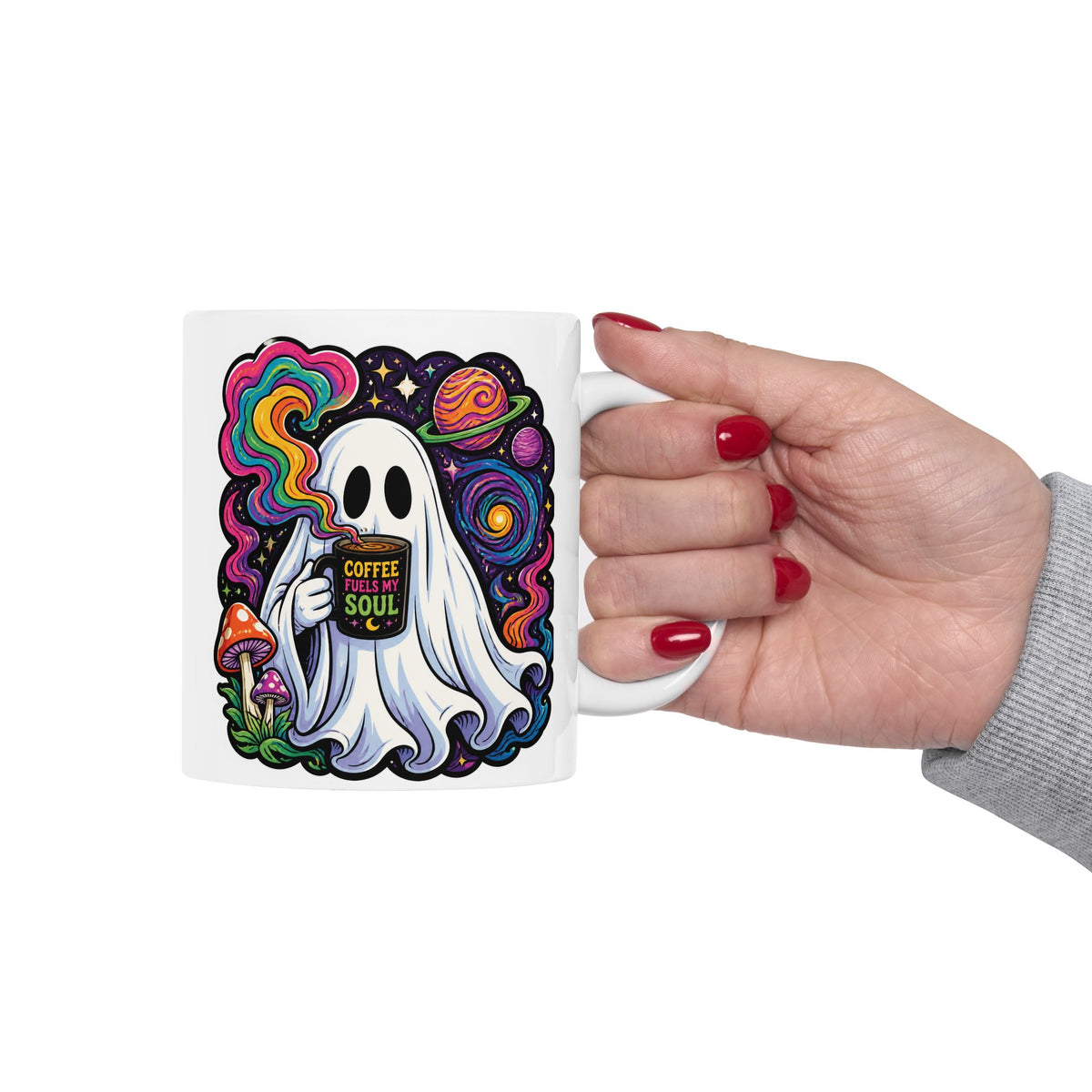 Psychedelic Skull & Mushroom Ceramic Mug (11oz, 15oz) — Colorful Trippy Coffee Cup