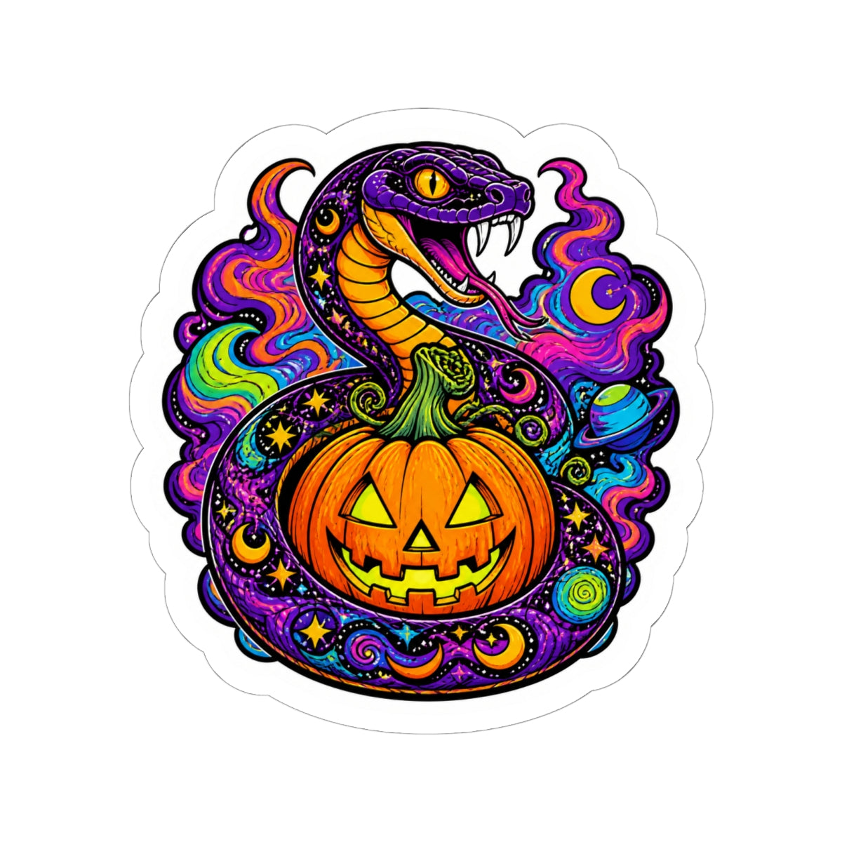 Halloween Pumpkin Snake Sticker — Psychedelic Jack-O’-Lantern Kiss-Cut Decal