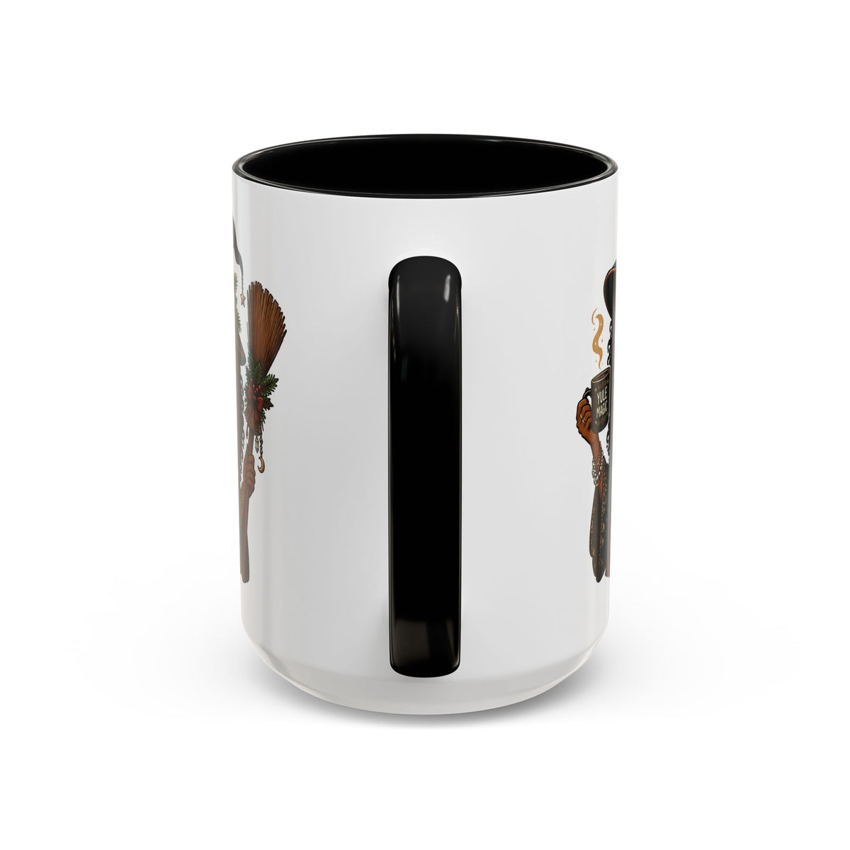 Witchy Christmas Coffee Mug with Black Witch and Broom Design