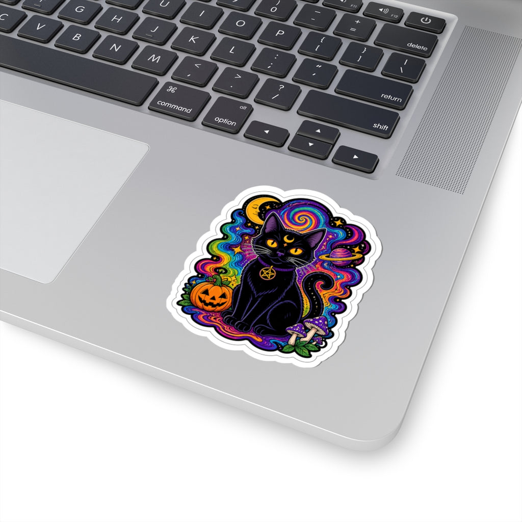 Psychedelic Black Cat Sticker — Halloween Witchy Cat Pumpkin Design