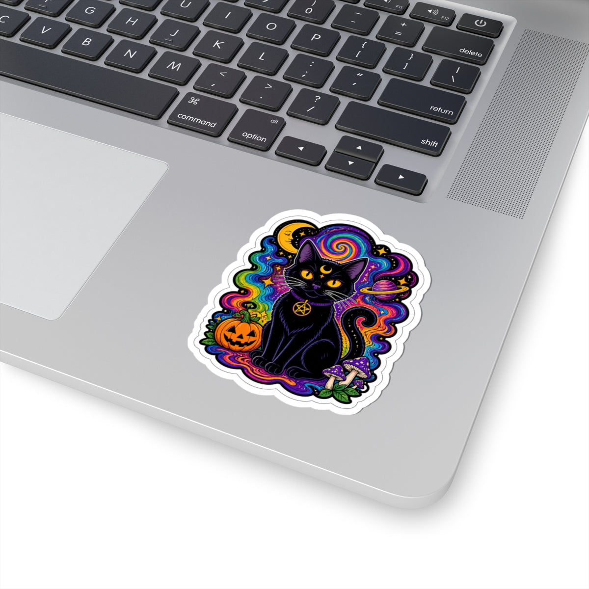 Psychedelic Black Cat Sticker — Halloween Witchy Cat Pumpkin Design