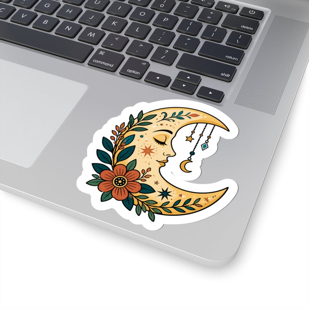 Moon Face Floral Sticker — Boho Crescent Moon Kiss-Cut Decal