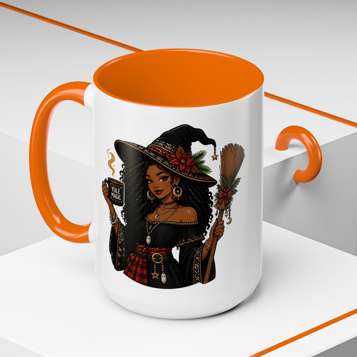 Witchy Christmas Coffee Mug with Black Witch and Broom Design