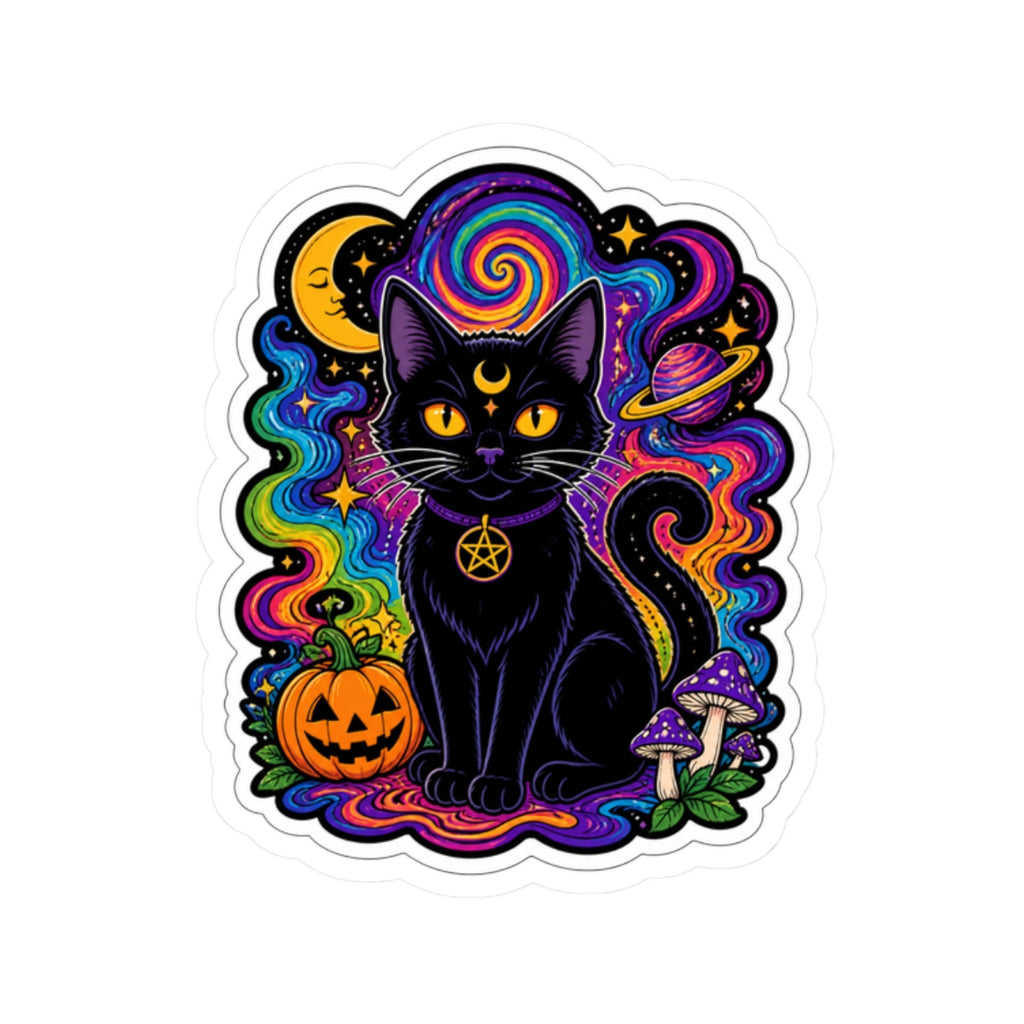 Psychedelic Black Cat Sticker — Halloween Witchy Cat Pumpkin Design