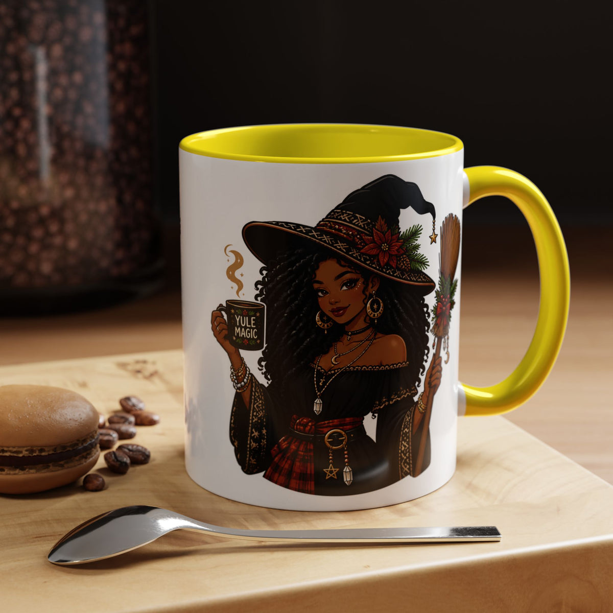 Witchy Christmas Coffee Mug with Black Witch and Broom Design