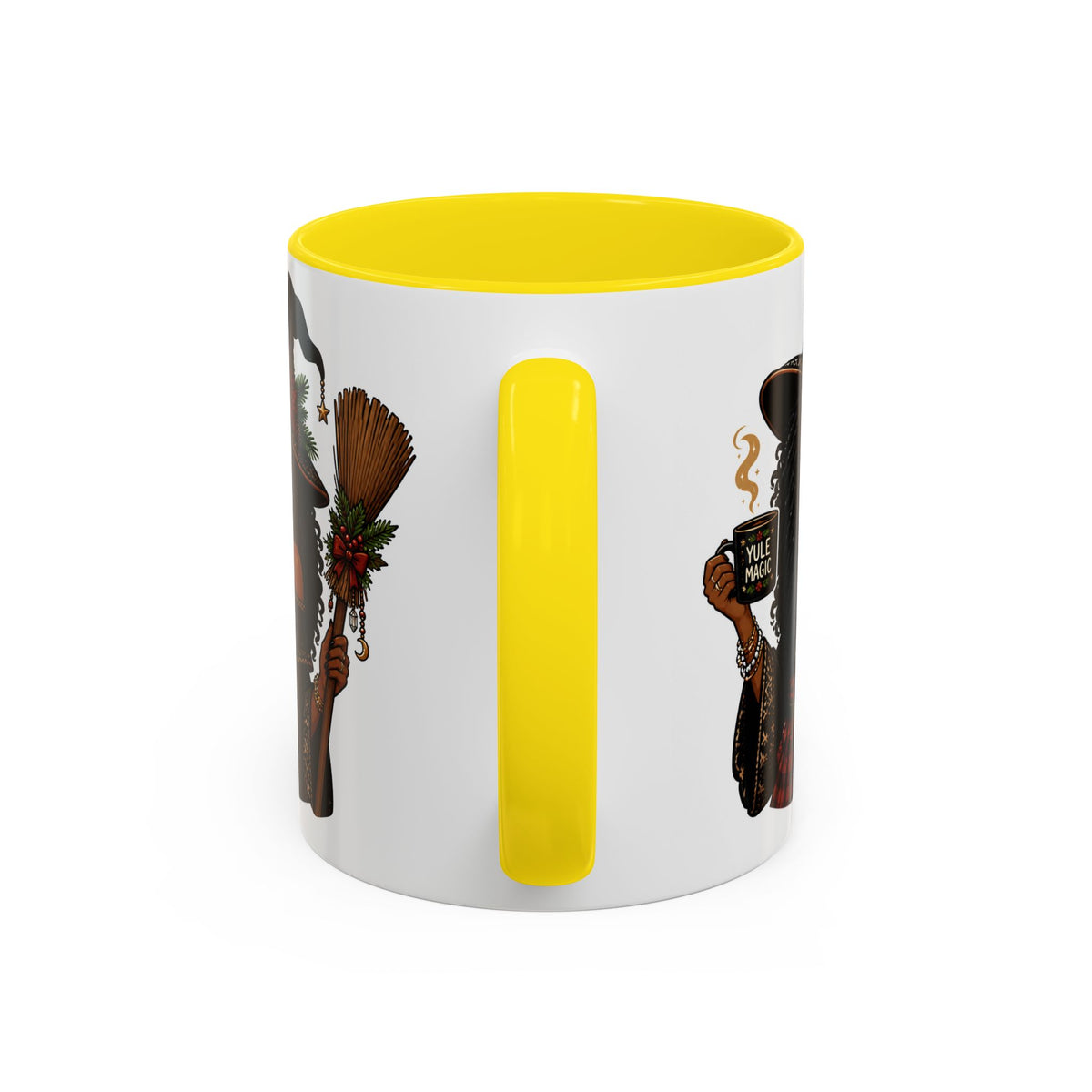 Witchy Christmas Coffee Mug with Black Witch and Broom Design