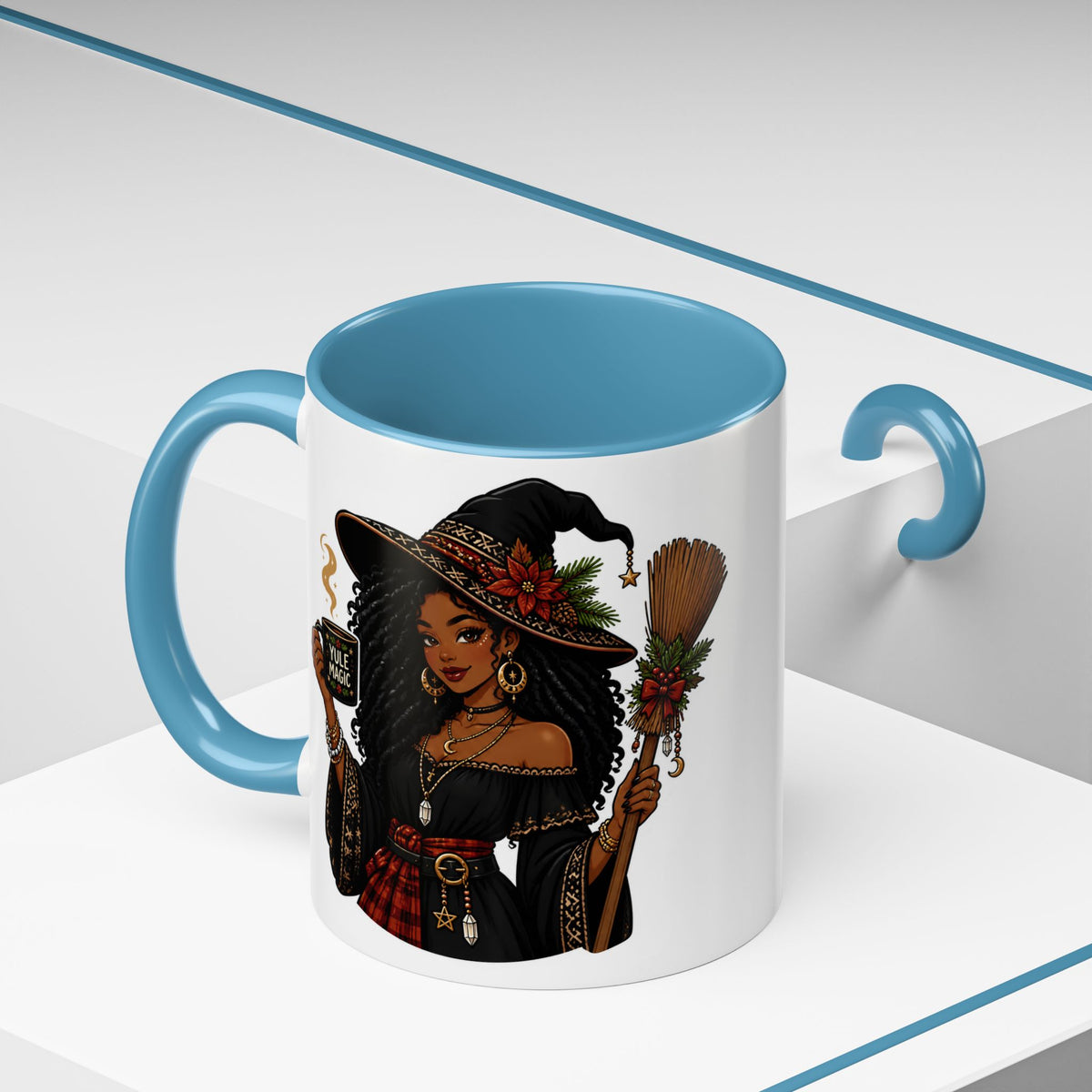 Witchy Christmas Coffee Mug with Black Witch and Broom Design
