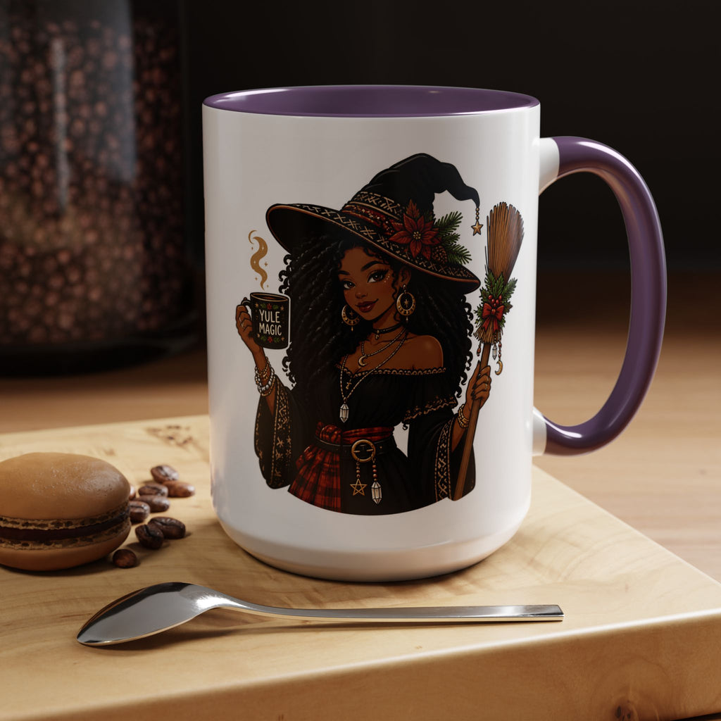 Witchy Christmas Coffee Mug with Black Witch and Broom Design