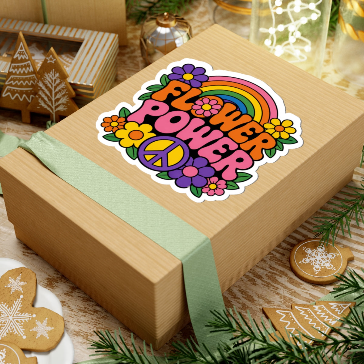 Flower Power Peace Rainbow Kiss-Cut Sticker