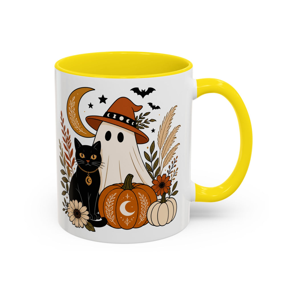 Halloween Ghost & Black Cat Accent Coffee Mug — Spooky Pumpkin Fall Coffee Cup (11/15oz)