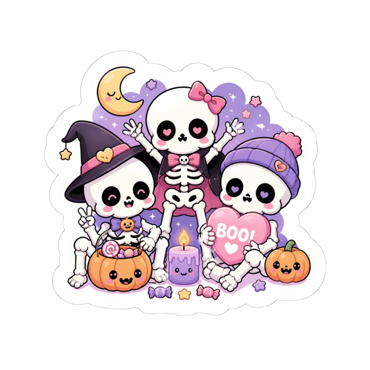 Cute Skeleton Trio Halloween Sticker — Kawaii Boo Kiss-Cut Sticker