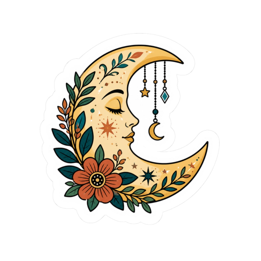 Moon Face Floral Sticker — Boho Crescent Moon Kiss-Cut Decal