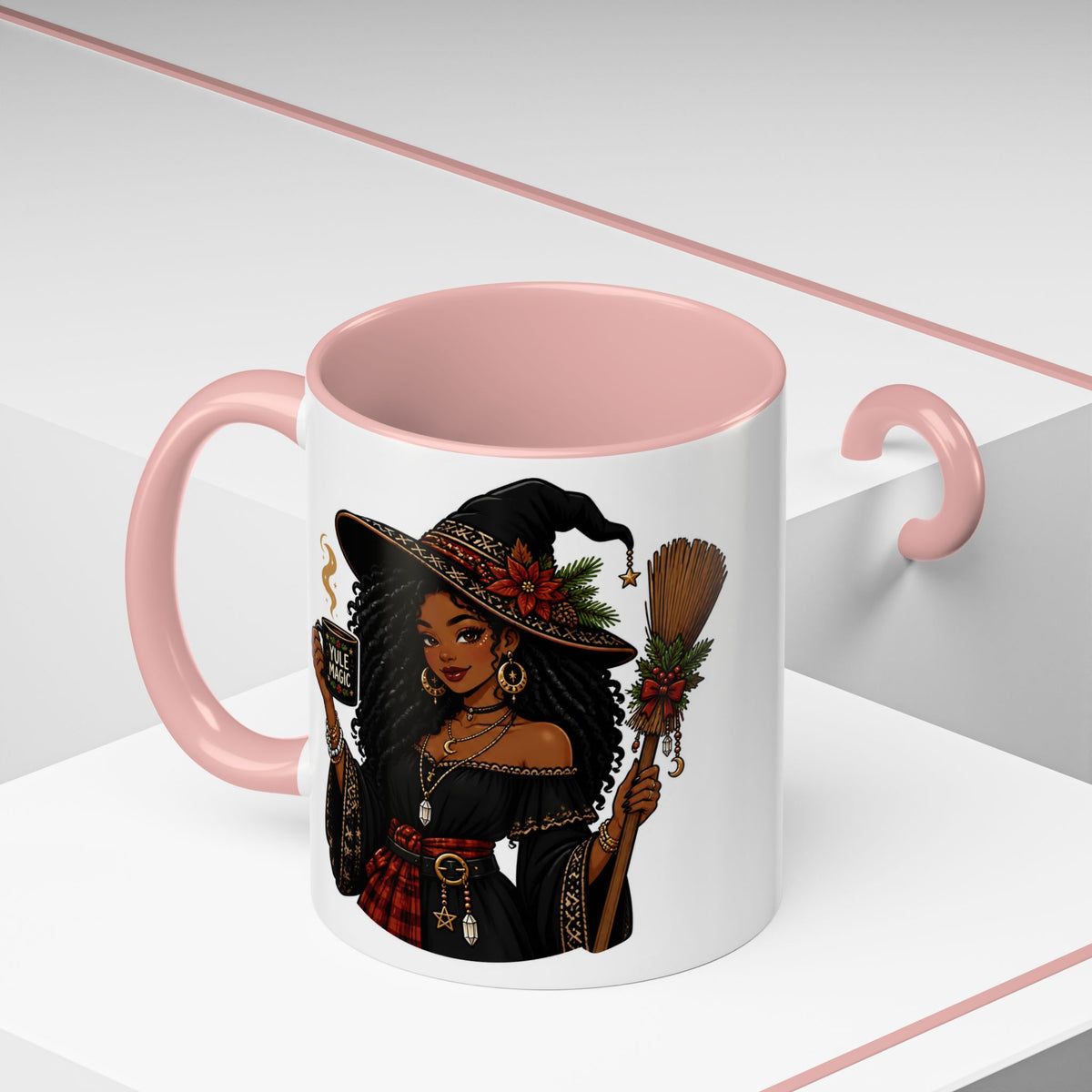 Witchy Christmas Coffee Mug with Black Witch and Broom Design