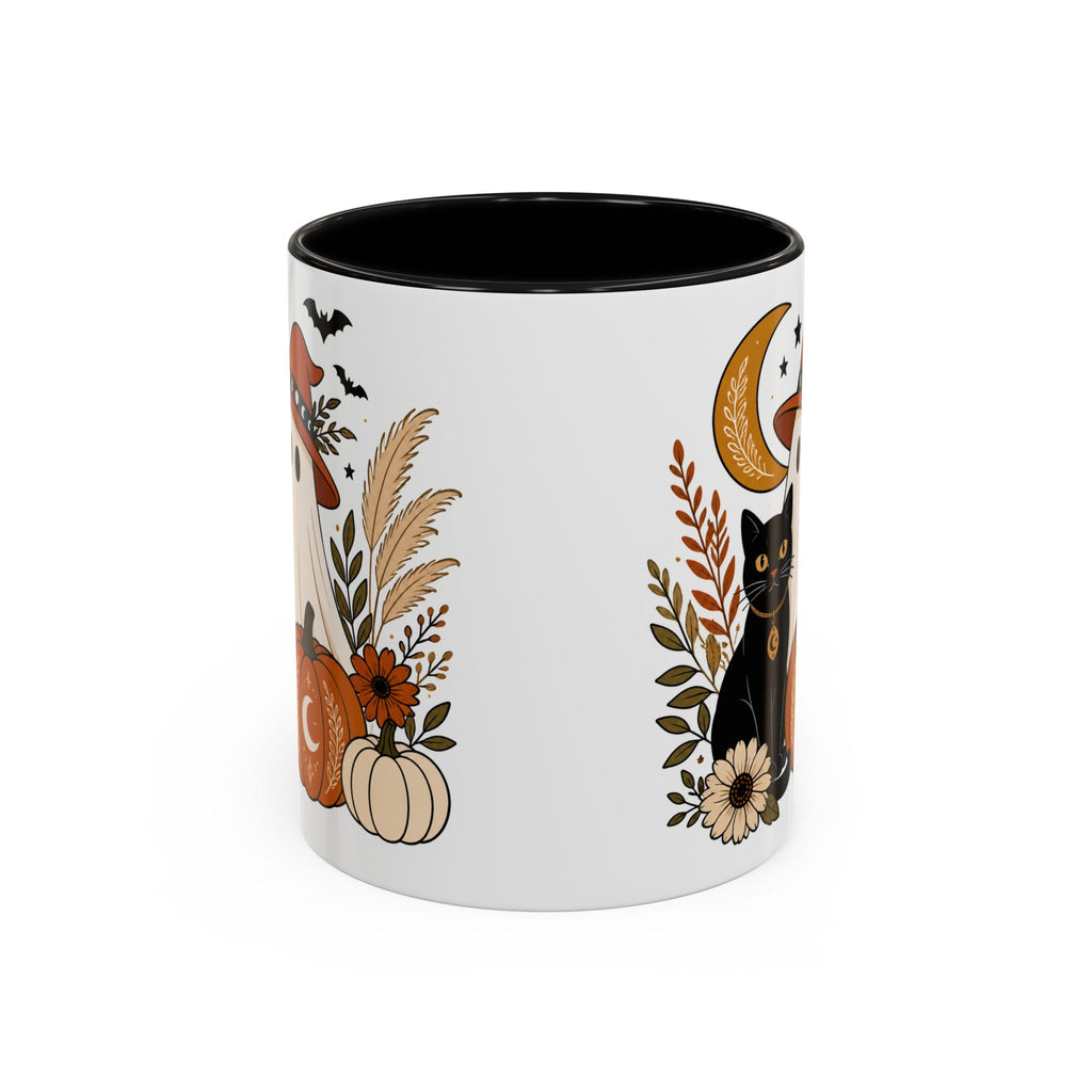Halloween Ghost & Black Cat Accent Coffee Mug — Spooky Pumpkin Fall Coffee Cup (11/15oz)