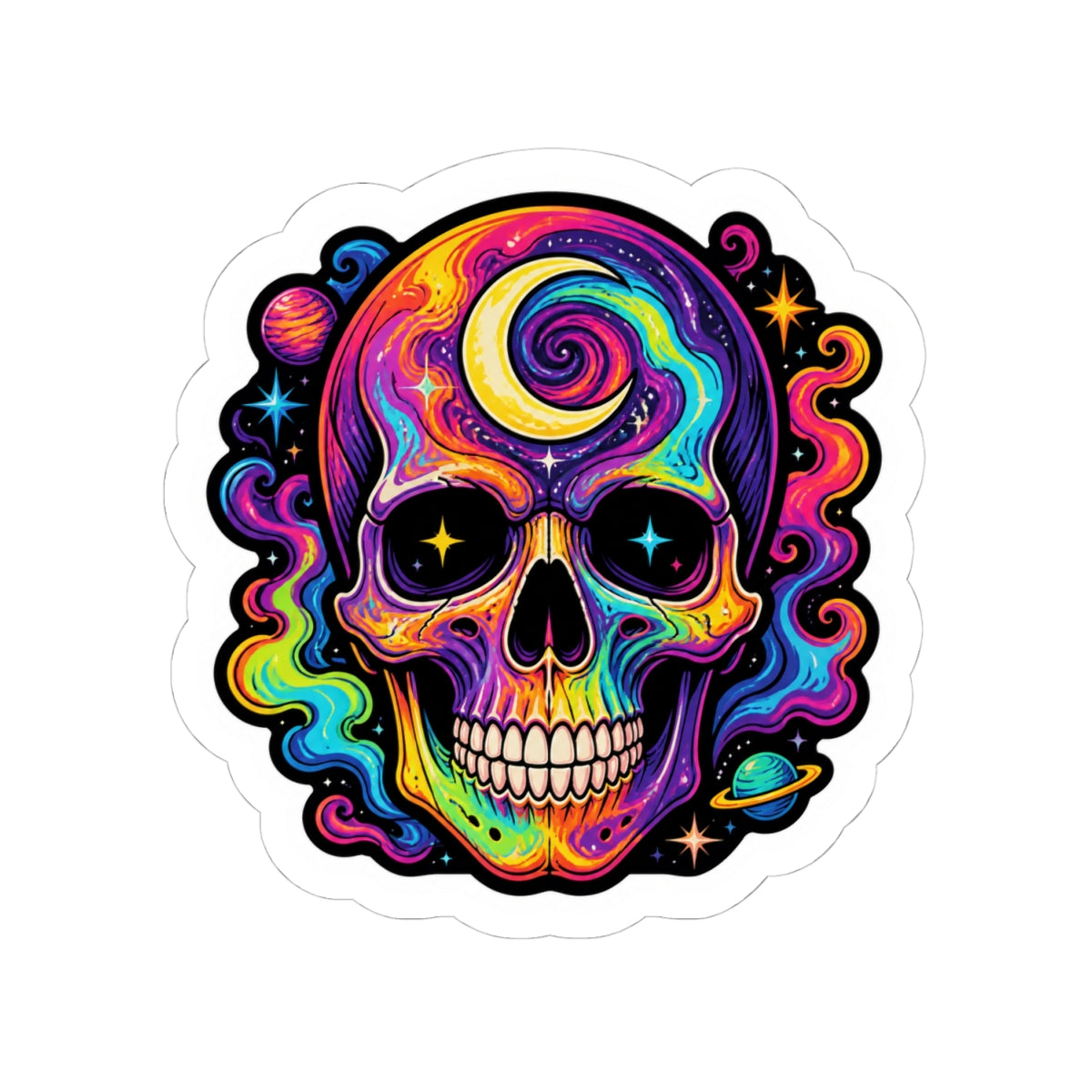 Psychedelic Skull Sticker — Colorful Cosmic Skull Kiss-Cut Decal