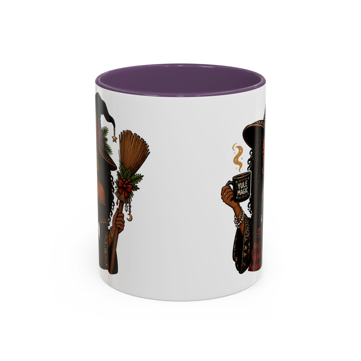 Witchy Christmas Coffee Mug with Black Witch and Broom Design