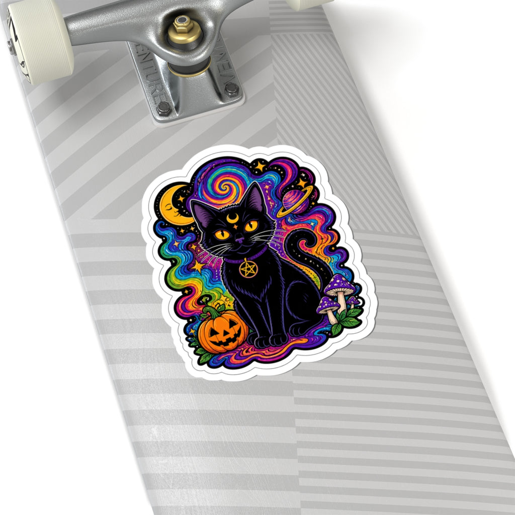 Psychedelic Black Cat Sticker — Halloween Witchy Cat Pumpkin Design