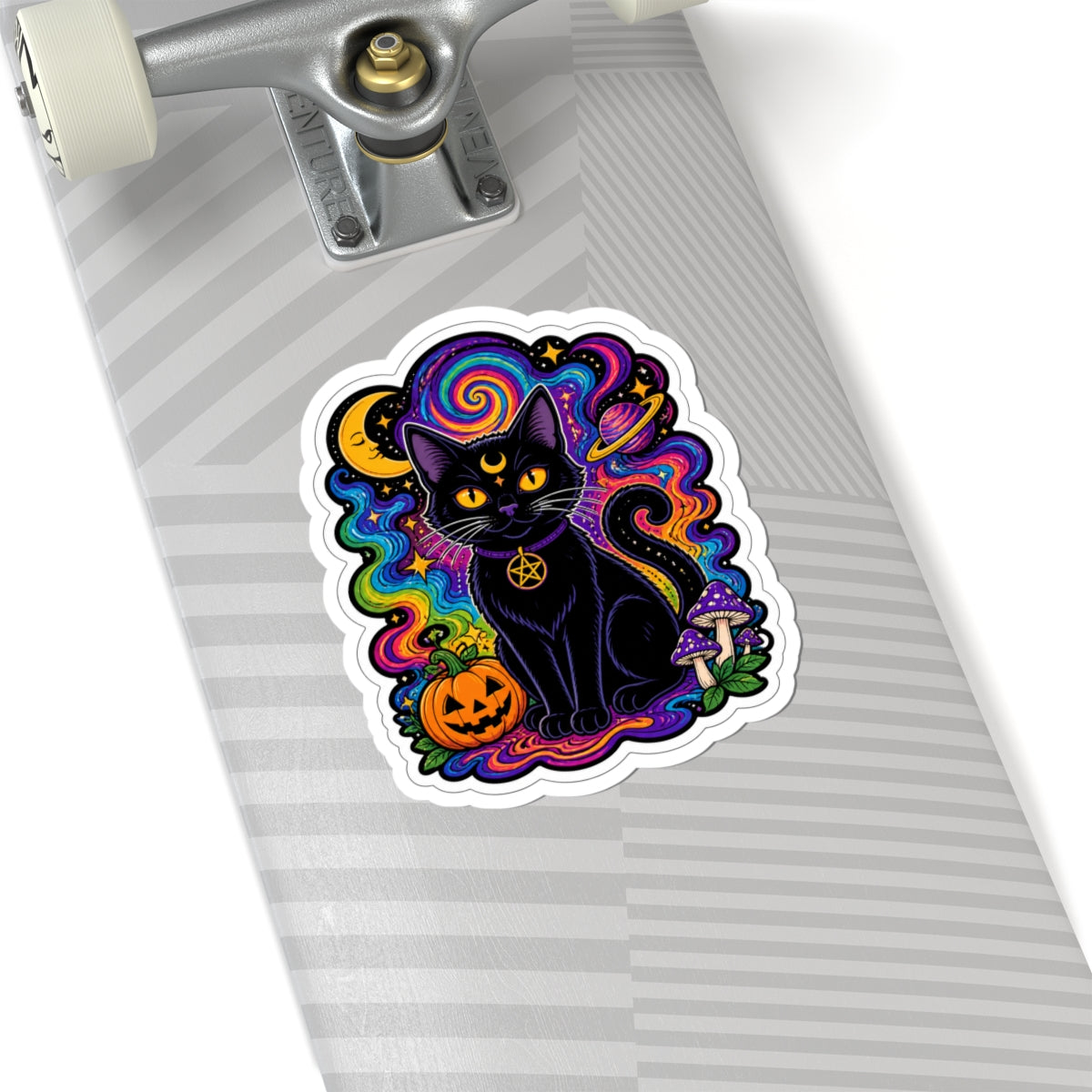 Psychedelic Black Cat Sticker — Halloween Witchy Cat Pumpkin Design