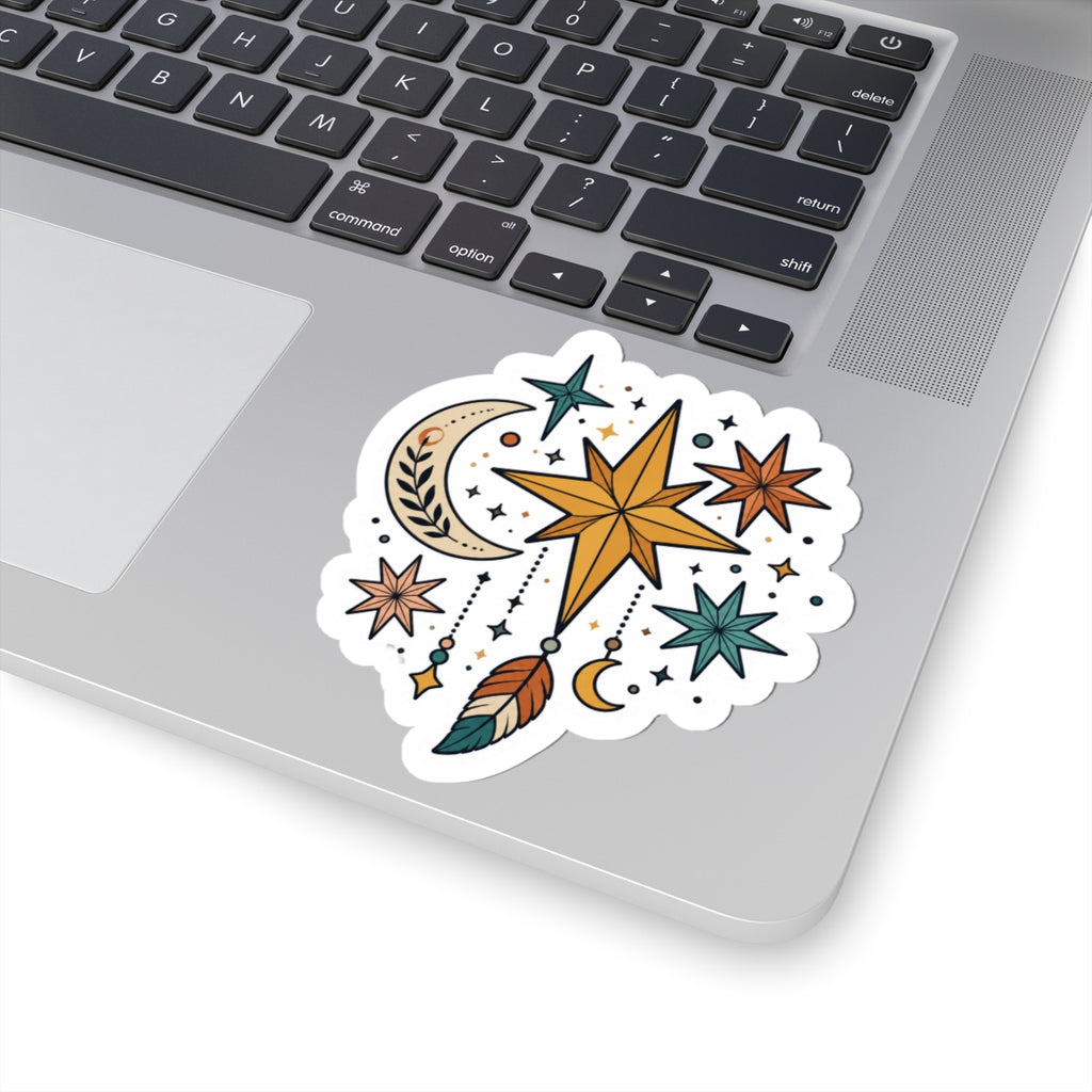 Celestial Dreamcatcher Kiss-Cut Sticker — Moon, Stars & Feather Boho Decal