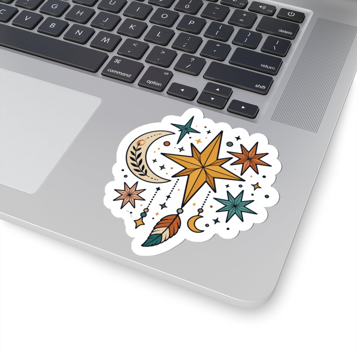 Celestial Dreamcatcher Kiss-Cut Sticker — Moon, Stars & Feather Boho Decal